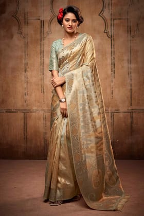 Light Pista Zari Woven Organza Silk Saree