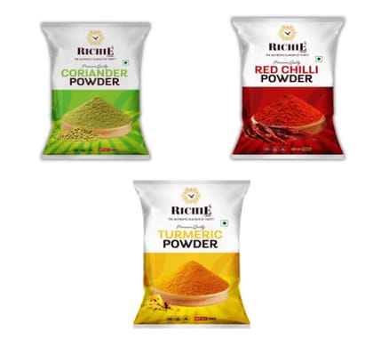 Richie Grounded Spices Combo Pack - Red Chilli Powder, Turmeric Powder & Coriander Powder, 200 gm Each - Pack of 3