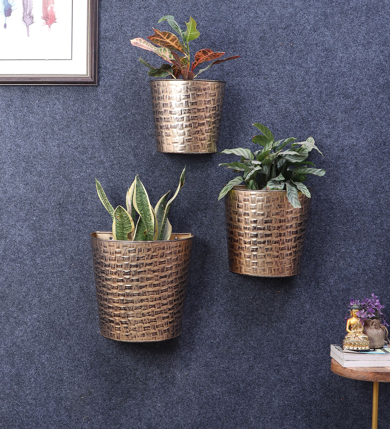 Gold & Black Hammered Wall Planter Set of 3 by Amaya Decors