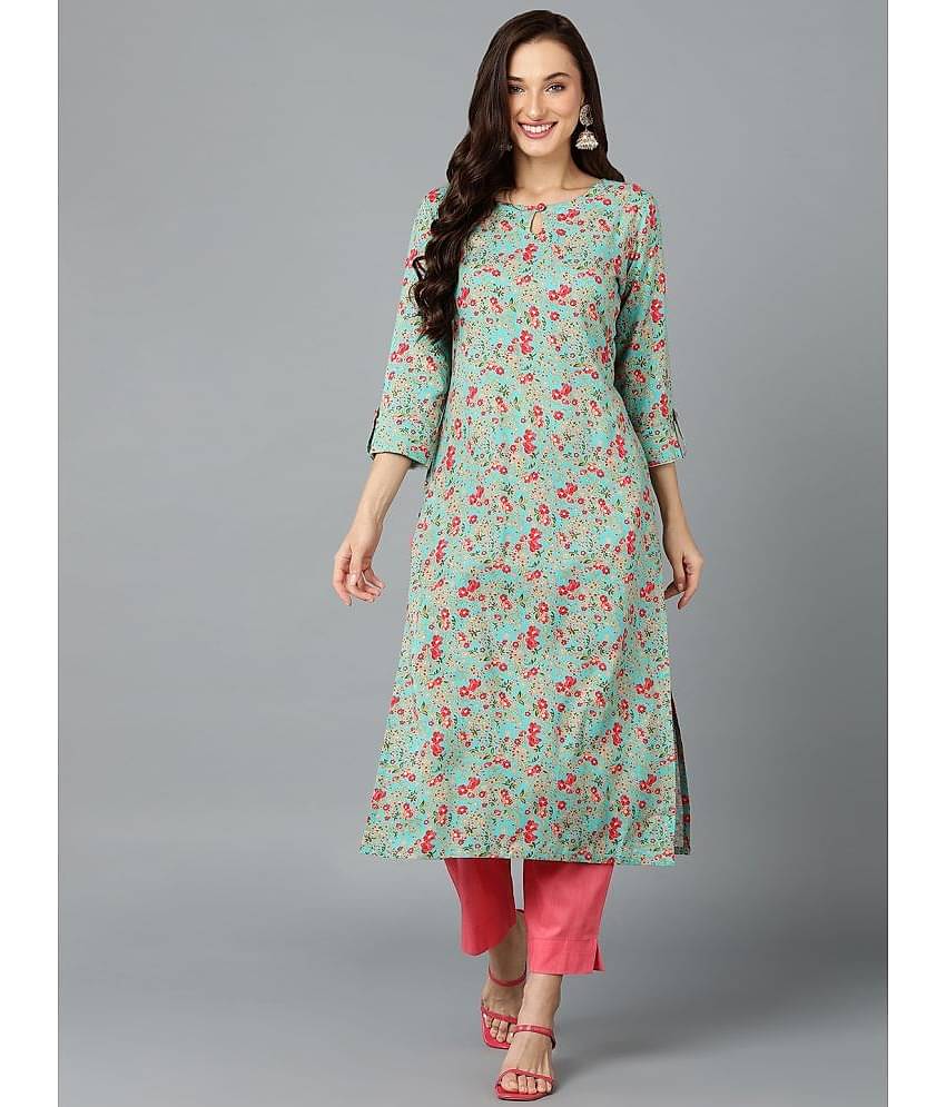 Vaamsi Cotton Blend Printed Straight Women's Kurti - Turquoise ( Pack of 1 )
