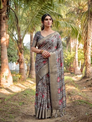 Stunning Grey Tussar Silk Saree with Golden Zari Border and Mosaic-Inspired Pallu Design-Regular