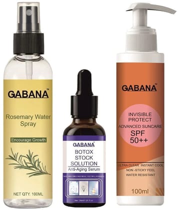 Gabana Beauty Natural Rosemary Water | Hair Spray For Regrowth 100ml, Botox Stock Solution Anti Ageing Serum 30ml & Advance Sunscreen with SPF 50++ 100ml - Set of 3 Items