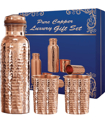 Copperika Gift Set Hammered Copper Water Bottle With 2 Glass Copper Copper Water Bottle 1550 mL ( Set of 1 )