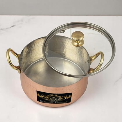 Copper Handi New Shape With Glass Lid For Serving Dishes-500 Ml