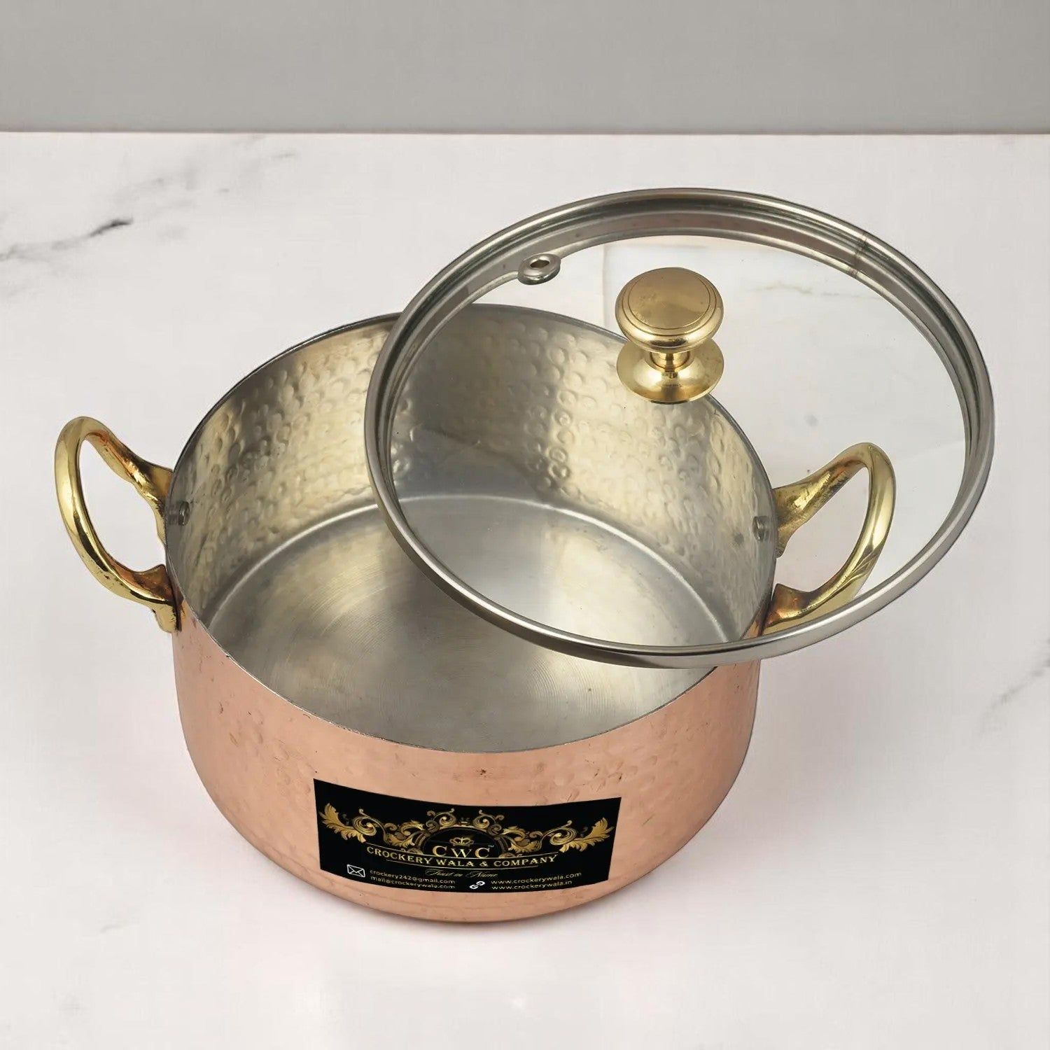 Copper Handi New Shape With Glass Lid For Serving Dishes-500 Ml