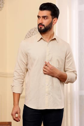 Beige Pure Linen Shirt (Size - S) by BLUE EAGLE