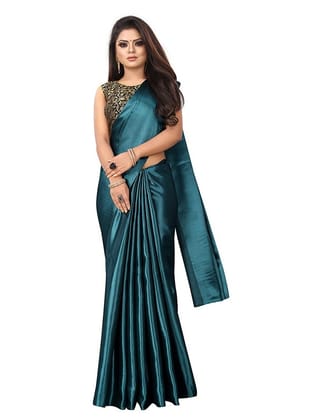 Generic Women's Satin Saree with Blouse (Rama Blue, 5 - 6 Mtrs)