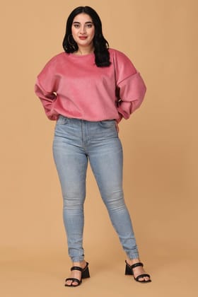 Ribbed Knit Top with Back Bow-L / Pink
