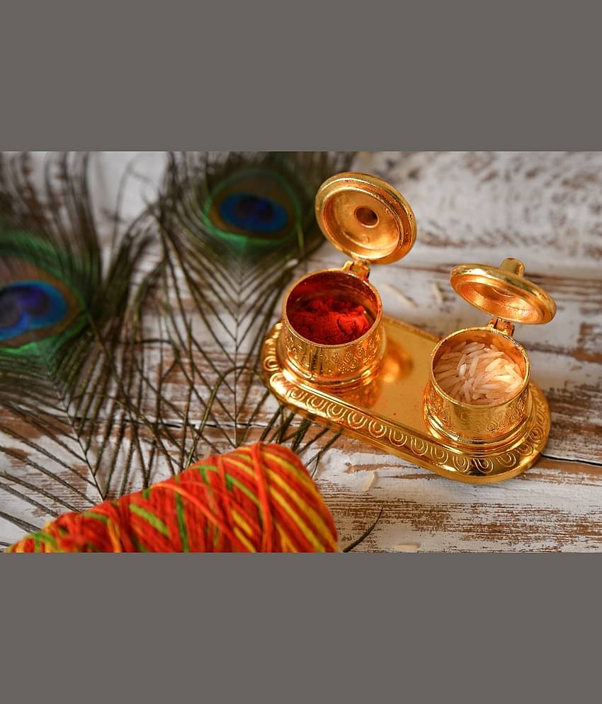 Fashion Bizz Beautiful Roli-Chandan, Chawal-Akshat- Haldi - Kumkum Box Pair - 11 cm