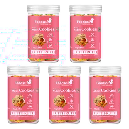 Feedsco Tutti Frutti Millet Cookies (75g x 5 Packs) - Tasty & Healthy Snack with Natural Sweetness - Best Healthy Cookies for Kids & Adults