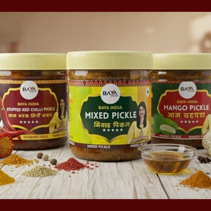 Baya India Homemade Pickle combo of three | Mango Lal Bharwa Mirchi Mixed | Authentic Jackfruit Pickle | Traditional Indian Spicy & Tangy | Free from preservatives | Sun-Dried Chemical Free | No Vinegar | 100% Pure | 250g each Plastic Jar