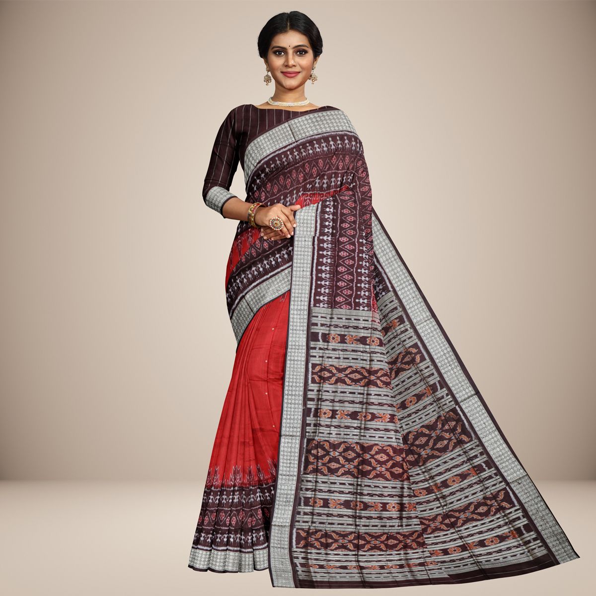 Mini Buti Body With Elaborated Tribal And Floral Motif Sambalpuri Silk Saree