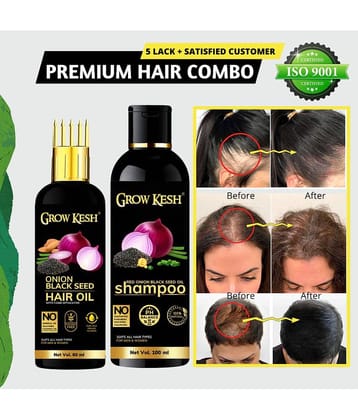 Growkesh Onion Hair Oil for Hair Regrowth and Hair Fall Control with Blackseed with Comb Applicator and Red Onion Shampoo for Anti-dundruff (Onion Hair oil,60ml + Onion Shampoo,100ml)