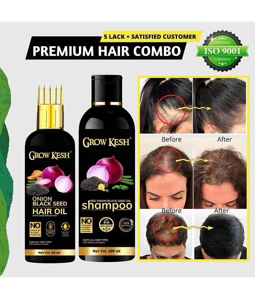 Growkesh Onion Hair Oil for Hair Regrowth and Hair Fall Control with Blackseed with Comb Applicator and Red Onion Shampoo for Anti-dundruff (Onion Hair oil,60ml + Onion Shampoo,100ml)