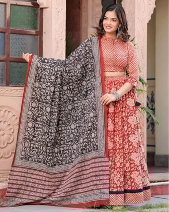 Festive Fusion Stitched Lehanga Choli Set Striking Red BlockPrinted-S (36)
