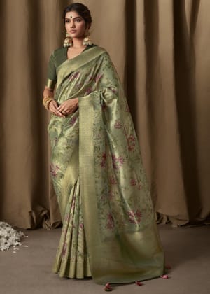 Classic Green Woven Banarasi Brocade Tissue Silk Saree With Floral Print