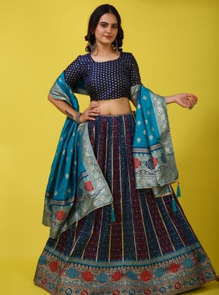 Navy Blue Banarasi Semi-Stitched Lehenga Choli