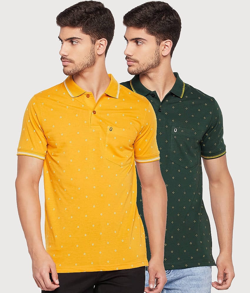 UNIBERRY Pack of 2 Cotton Blend Regular Fit Printed Half Sleeves Men's Polo T Shirt ( Yellow )