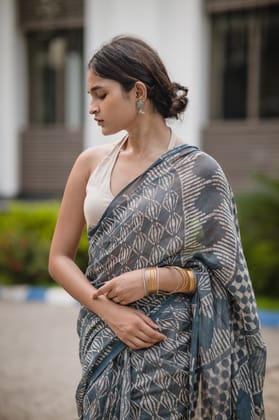 Azo free dyed grey Dabu sarees - Gehna