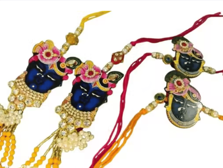 Shrinath Ji Rakhi Set, Handcrafted Religious Design, Crystal Embellished, Traditional Indian Festival Threads, Set of 2 set