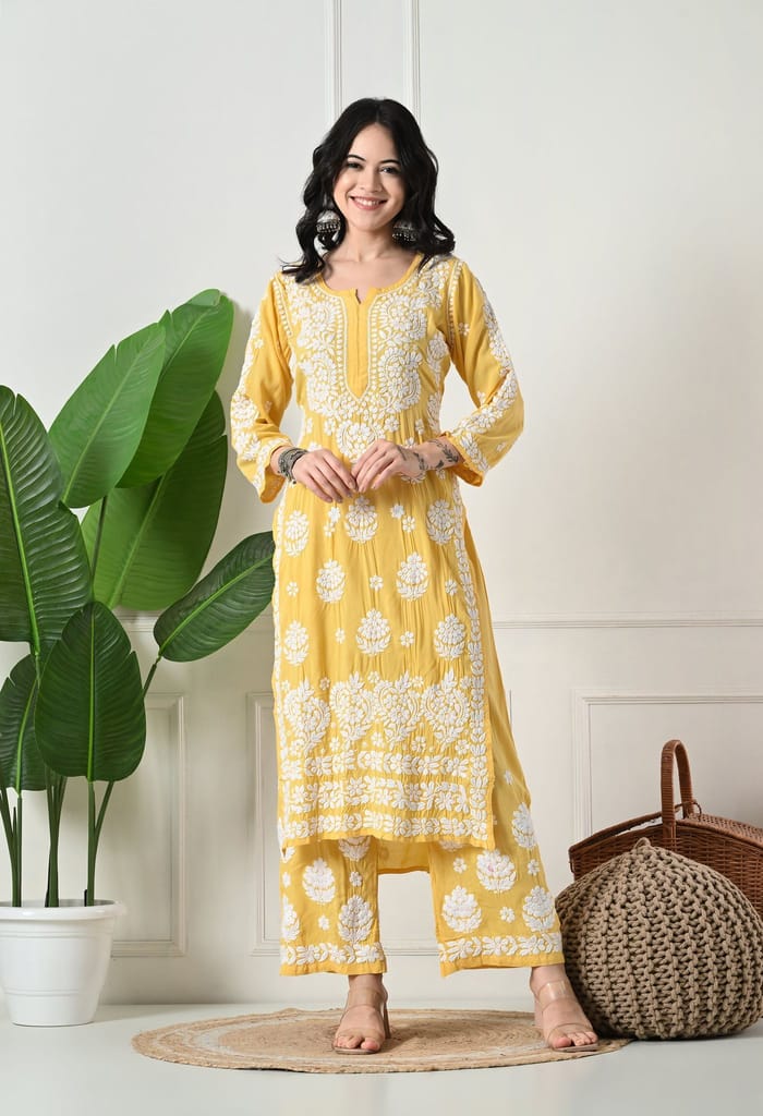 Hand Embroidered Chikankari Modal Plazo Set 3d Work-Yellow