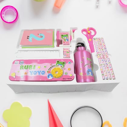 12-Piece Stationery Kit: Includes 1 Compass Box, 1 Eraser, 1 Scissors, 1 Ruler, 4 Pencils, 2 Diaries, 1 Bottle, 1 Sharpener - Ideal for Kids' Birthday Return Gifts - Stationary Gift Set (12 Pcs Set)