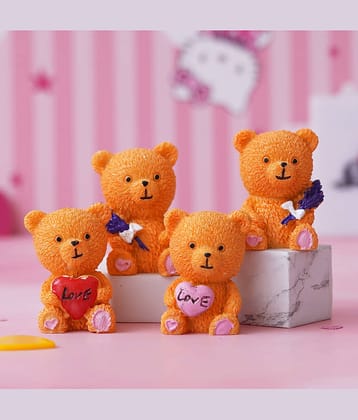 eCraftIndia Brown 4 Pieces Cute Teddy Bears with Love Heart and Flowers Figurine Showpiece