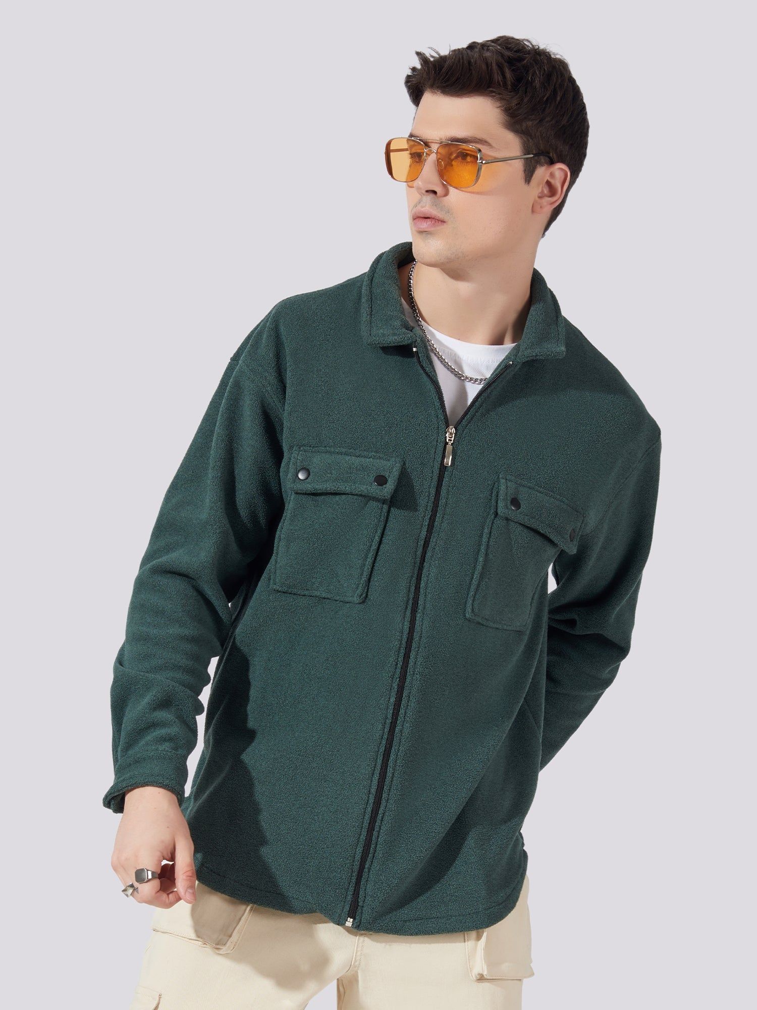 Solid Pocket Green Full Sleeve Shacket-S / Green