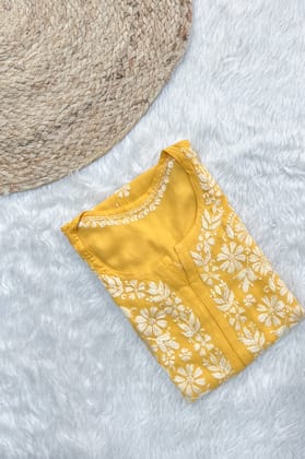 Rosy Chikankari Rayon Straight Kurta-Yellow / L