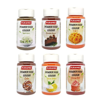 Puramio Powder Food Colour Combo of - (Apple Green, Chocolate Brown, Saffron (Kesari), Cola, Lemon Yellow, Orange Red), 125 gm Each - Pack of 6