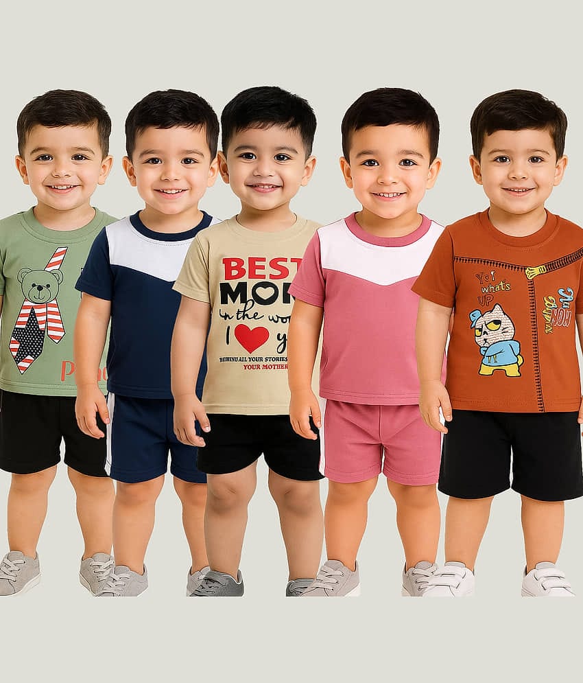 RELANE Pack of 5 Boys Cotton Blend T-Shirt & Shorts Set ( Multicolor )