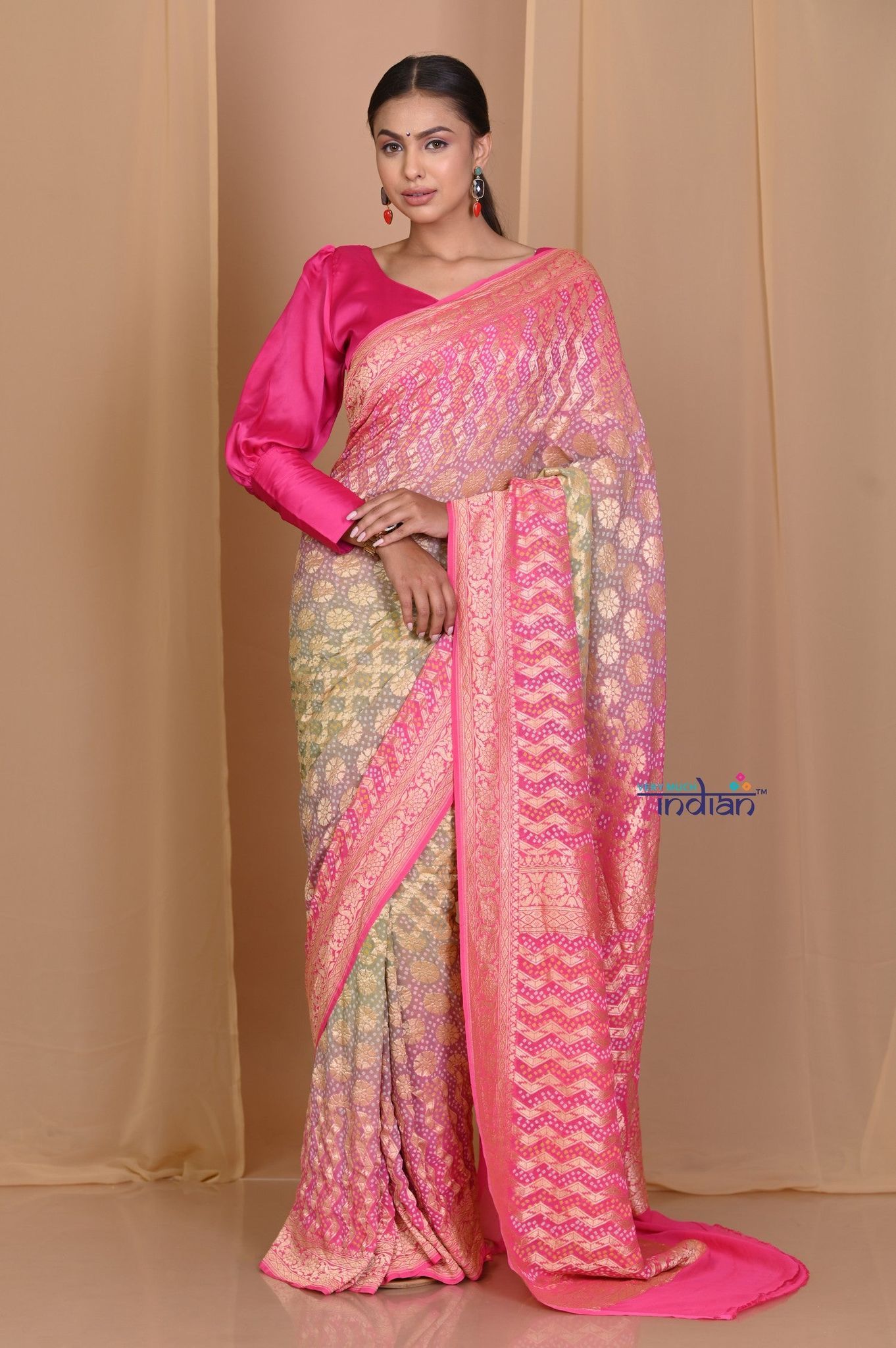 Pehal~ Authentic Handloom Peach Pink- Beige Pure Khaddi Georgette Saree with Hand Bandhani.