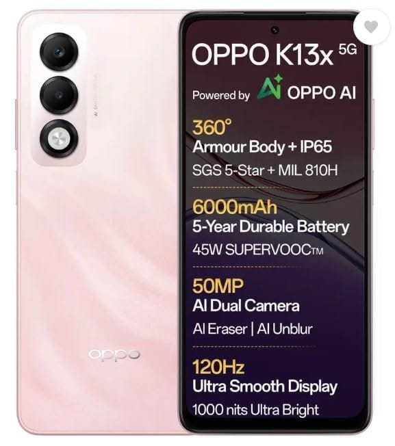 OPPO K13x 5G 6000mAh and 45W SUPERVOOC Charger & AI (Sunset Peach, 128 GB) (4 GB RAM) OPPO K13x 5G 6000mAh and 45W SUPERVOOC Charger & AI (Sunset Peach, 128 GB) (4 GB RAM) - Sunset Peach