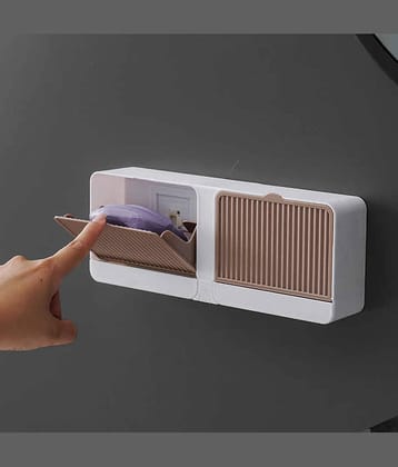 Radhe Creation Wall Mounted Soap Holder with Lid and Drain Tray | Self Adhesive Bathroom Soap Case for Wall | Multipurpose Soap Box Organizer for Bathroom, Kitchen & Wash Basin | No Drilling Soap Dish with Cover | Space Saving Design | Durable Plastic