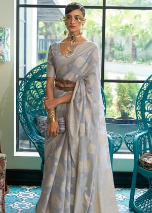Silver Grey Woven Lucknowi Linen Silk Saree