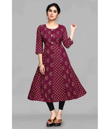 ASHISH PRINT - Wine Rayon Women's Fit & Flare Dress ( Pack of 1 )