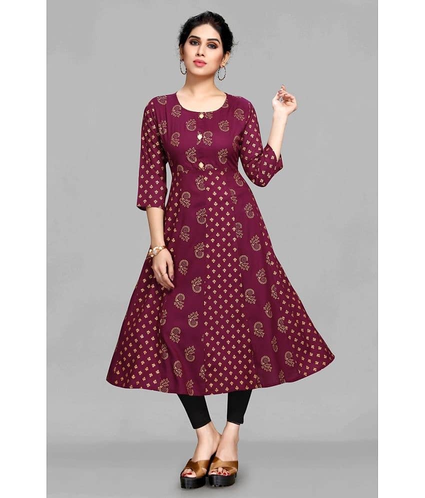 ASHISH PRINT - Wine Rayon Women's Fit & Flare Dress ( Pack of 1 )