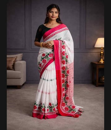 shopeezy tex fab Brocade Woven Design Tant Saree Without Blouse Piece ( White,Red )