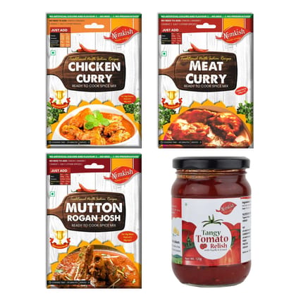 Nimkish Non-Veg Delight Combo Pack of 4 | Chicken Curry, Mutton Rogan Josh, Meat Curry and Tangy Tomato Chutney