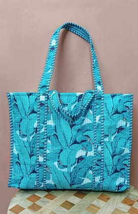 Handblock Printed Quilted Tote Bag without zip/button 17x18x 6 inches