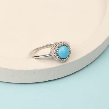 925 Sterling Silver Turquoise Ring with Cubic Zirconia Halo for Women | Round Blue Stone Elegant Ring