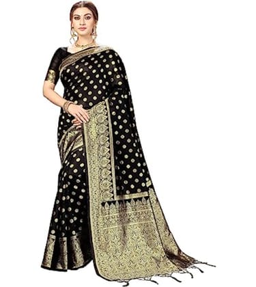 Women's Floral Pattern Jacquard Woven Banarasi Art Silk Saree with Unstitched Blouse Piece (Black, 5-6mtrs)