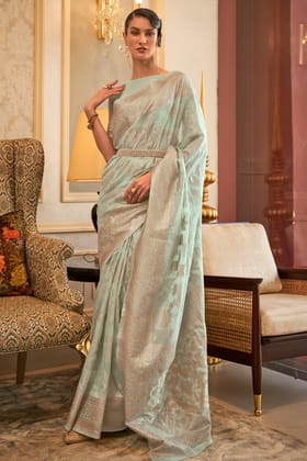 Ash Green Linen Silk Saree With Sequence Work