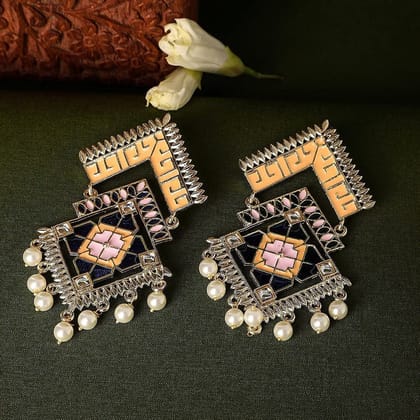 Gold-Plated Statement Enamel and Kundan Geometric Dangle Earring