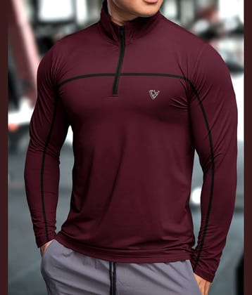 Eyebogler Polyester Regular Fit Striped Full Sleeves Men's High Neck T-Shirt - Maroon ( Pack of 1 )