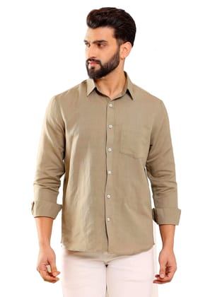 Khaki Pure Linen Shirt (Size - S) by BLUE EAGLE