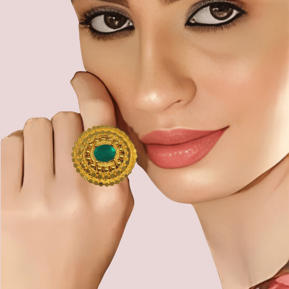 Royal Gold-Plated Statement Ring with Green Stone