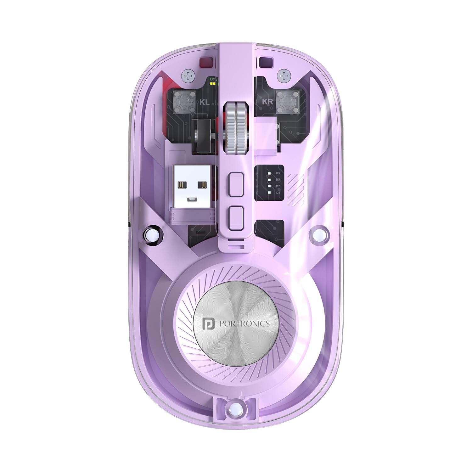 Portronics Toad 8 Transparent Wireless Bluetooth Mouse with Dual Wireless (BT plus 2.4 GHz), Rechargeable Battery, Noise Free Clicking, Show or Hide Desktop, Multi Device Pair, Adjust Sensitivity (Purple)