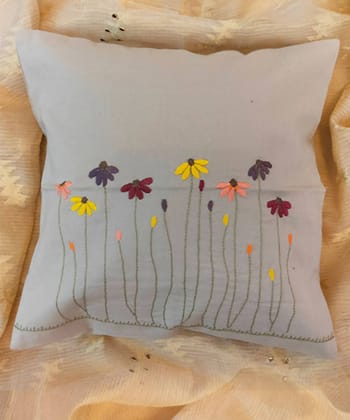 Grey hand embroidered floral cotton cushion cover