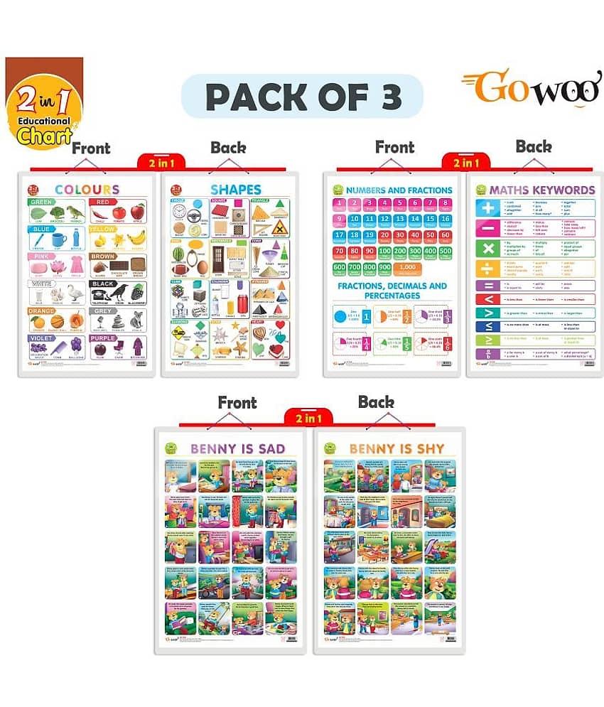 Set of 3 |2 IN 1 NUMBER & FRACTIONS AND MATHS KEYWORDS, 2 IN 1 COLOURS AND SHAPES and 2 IN 1 BENNY IS SAD AND BENNY IS SHY Early Learning Educational Charts for Kids